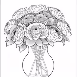 some flowers are in a vase on a table,a vase with roses in it,a line drawing of some flowers in a vase,a drawing of a vase full of flowers,a drawing of flowers that are in a vase