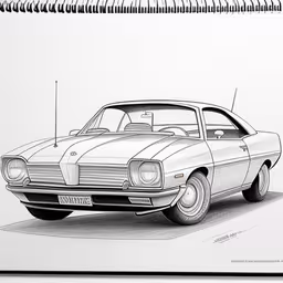 a sketch of a old car with its hood down,a drawing of a white mustang car that is side by side