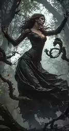 a beautiful woman in black dress standing among trees