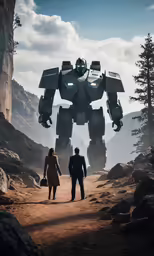 a couple walking on a dirt road with an animated mech in the distance