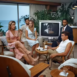 some people sitting in chairs around a television