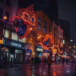 a city street at night with buildings and buildings lit up