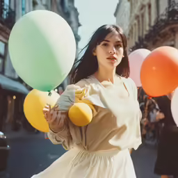 a young lady walking down the street with balloons