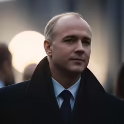 man in peael coat and white head and shoulder hair walking down city street