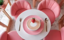 a pink restaurant table with a plate of dessert on it