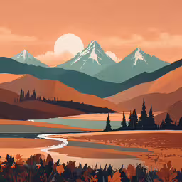 a stylized image of mountains and trees with the sun setting,some mountains in the background and a body of water