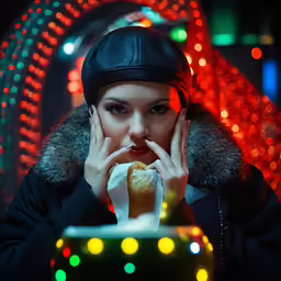 the woman is holding her hand near her face, with a hotdog in her mouth