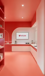 this orange and white room has an orange shelf in it