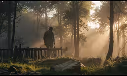 man stands on bench as sun peeks through the trees