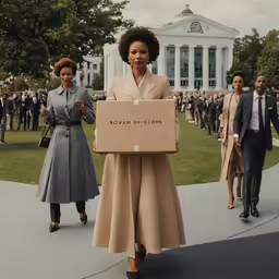 the first lady carrying a cardboard sign on her shoulders