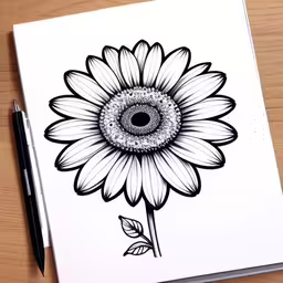 a drawing of a sunflower with a leaf next to it,a black and white picture of a flower on a wooden table
