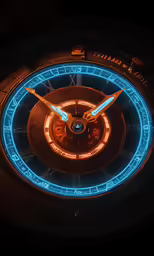 an illuminated clock sitting inside of a dark room