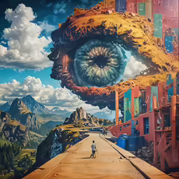 a man stands in front of a surreal poster