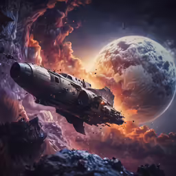 a space ship is flying through the sky with the moon