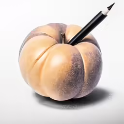 an apple has a black pen sticking out of it