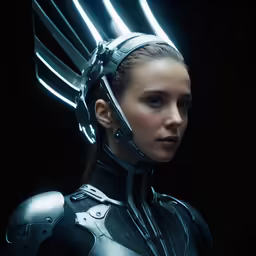 the woman in the sci - filth suit is wearing silver horns