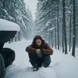 a woman sits on the snow by her car
