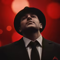 a man in a suit and tie on a red background
