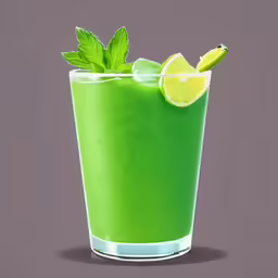 a green drink has a lime slice and is garnished with mint