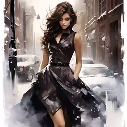 a woman in dress walking across street in the snow,a painting of a woman in a dress standing on a snowy street