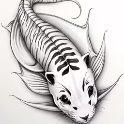 a tiger is in the water, and there are two black and white animals on it