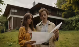two women looking at a plan and a house