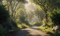 sunlight shining in the distance over a road and trees