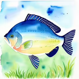 a colorful blue fish floating in a water filled pond,a painting of a large fish swimming on the water