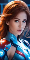 a woman in a suit with blue lights