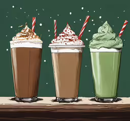three iced coffee drinks with green chocolate on top,3 iced beverages line up with each other on a table