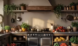 a kitchen with pots, pans, and vegetables on shelves