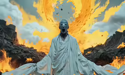 a painting of a demon in front of a blazing sky