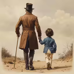 a man and a little boy walking through a desert