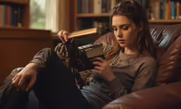 a woman sits on the couch with a book and baseball bat