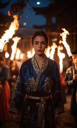 a man dressed in a chinese - style suit, standing in front of flames