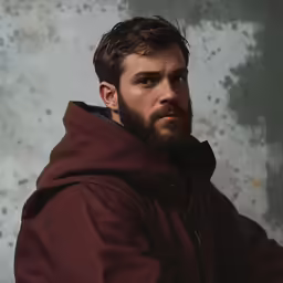 a close up of a person in a dark red jacket