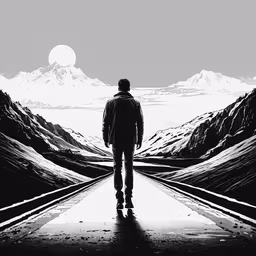 a person standing on a road between mountains,a person stands alone on a road with mountains in the background