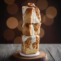 some different kind of desert with icing on a wooden stand