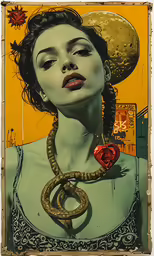 a woman wearing a necklace and hat with a snake on it