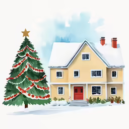 a large yellow house with a christmas tree
