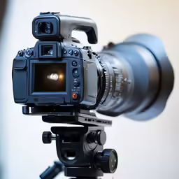 a professional camera with an on camera flash in focus