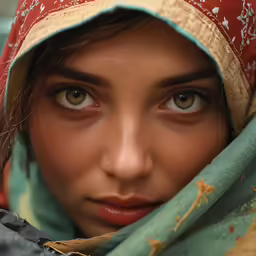a beautiful young woman with blue eyes, scarf around her head