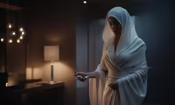 a woman is dressed in white clothing while holding a cell phone