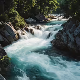 the blue water is rushing over the rocks