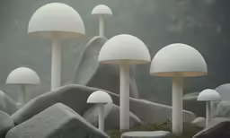 several different types of mushrooms on rocks and grass