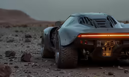 a silver car sitting on top of a dirt field