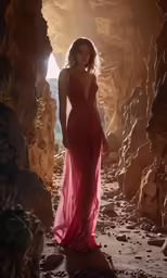 a woman stands in a cave with her back to the camera