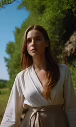 a woman in a white dress with brown hair