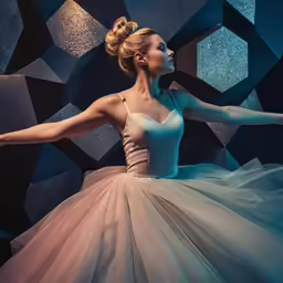 a ballerina in a tutu and gold headband posing for a picture