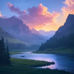 the sun setting over the mountains as the sky turns to a pink color